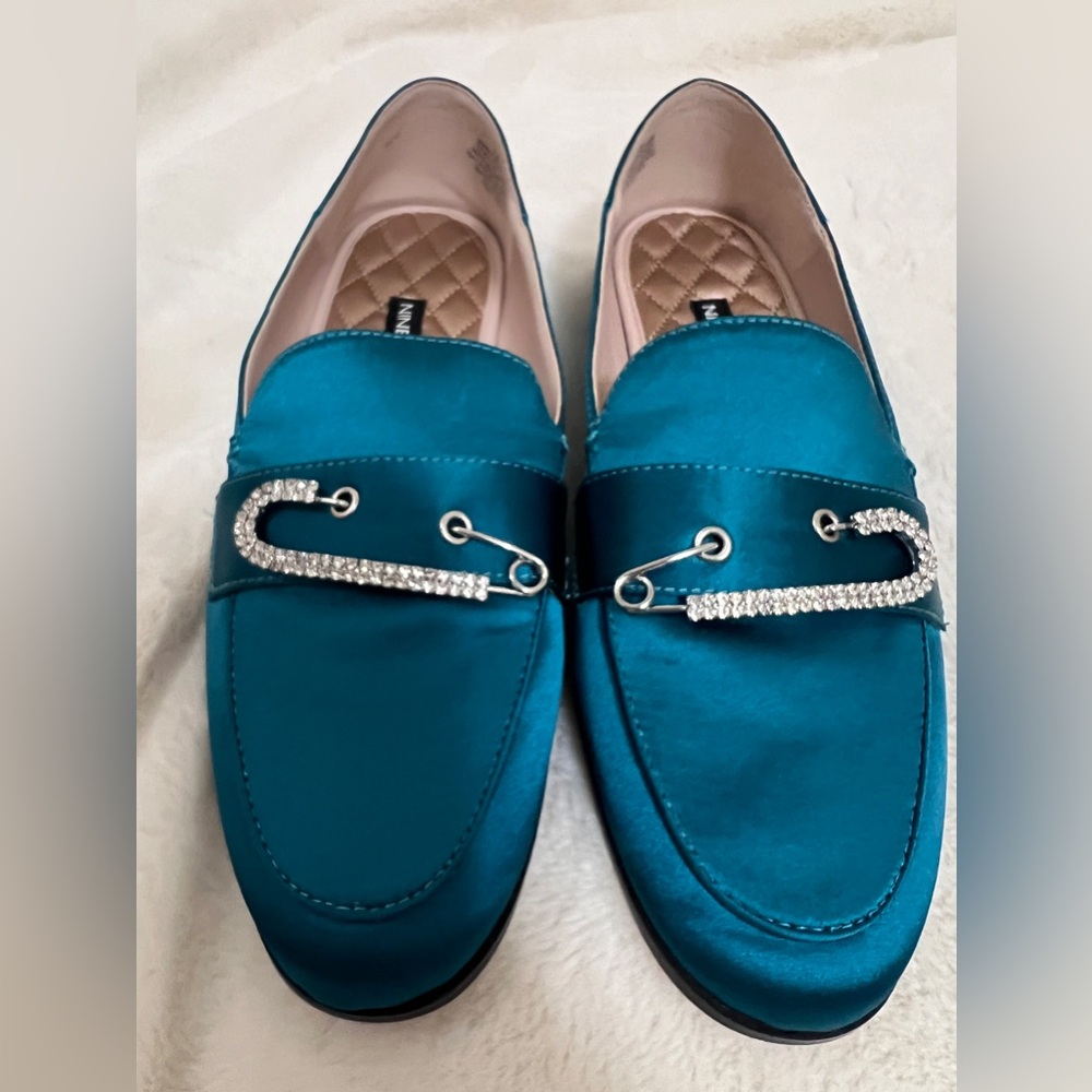 Brand new Nine West teal/green loafers with rhinestone/bling
